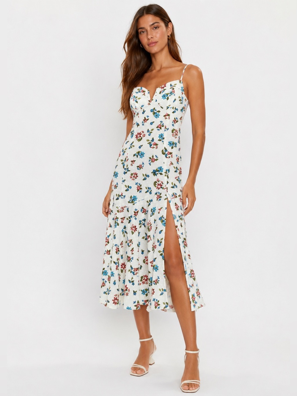 Farm Rio Floral Print Midi Dress White Multicolor Side Slit Adjustable Straps